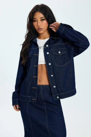 Women's Loose Fit Denim Jacket with Front Buttons, Casual Street Style Blue Jean Coat