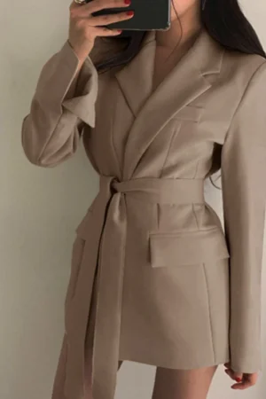 Fashion Slim Fit Lace Up Blazers Women Turn Down Collar Long Blazers Woman Solid Color Long Sleeve Suits Jackets Ladies