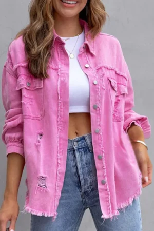 Ragged Torn Denim Lapel Jacket Women Autumn Winter Fashion Jacket Pockets Blazer Solid Standard Overcoat Loose Streetwear