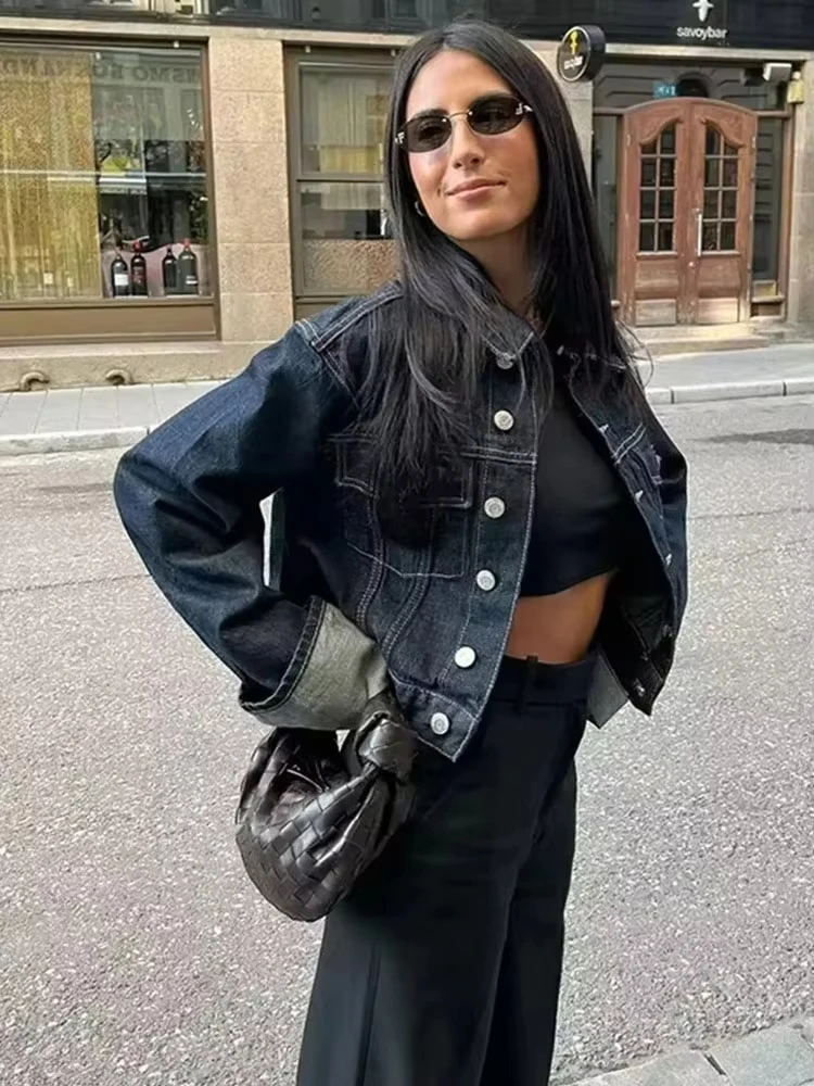 HH Women Vintage Denim Jacket Single Breasted Lapel Long Sleeve Coat With Pockets Dark Blue Denim Jacket Fashion High Street Top - Image 4