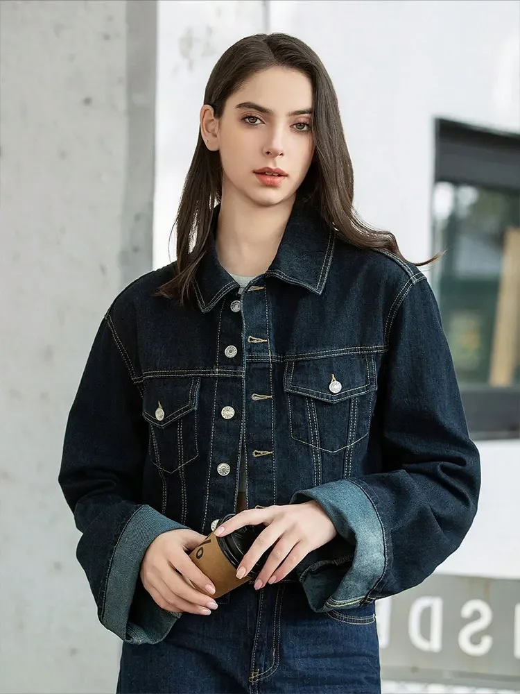 HH Women Vintage Denim Jacket Single Breasted Lapel Long Sleeve Coat With Pockets Dark Blue Denim Jacket Fashion High Street Top - Image 5