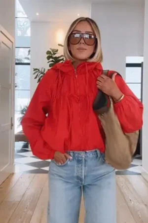 Casual Long Sleeve Zipper Female Oversize Coat Vintage Red Hooded Jacket For Women 2026 Spring New Lady Pockets Outerwear Stret