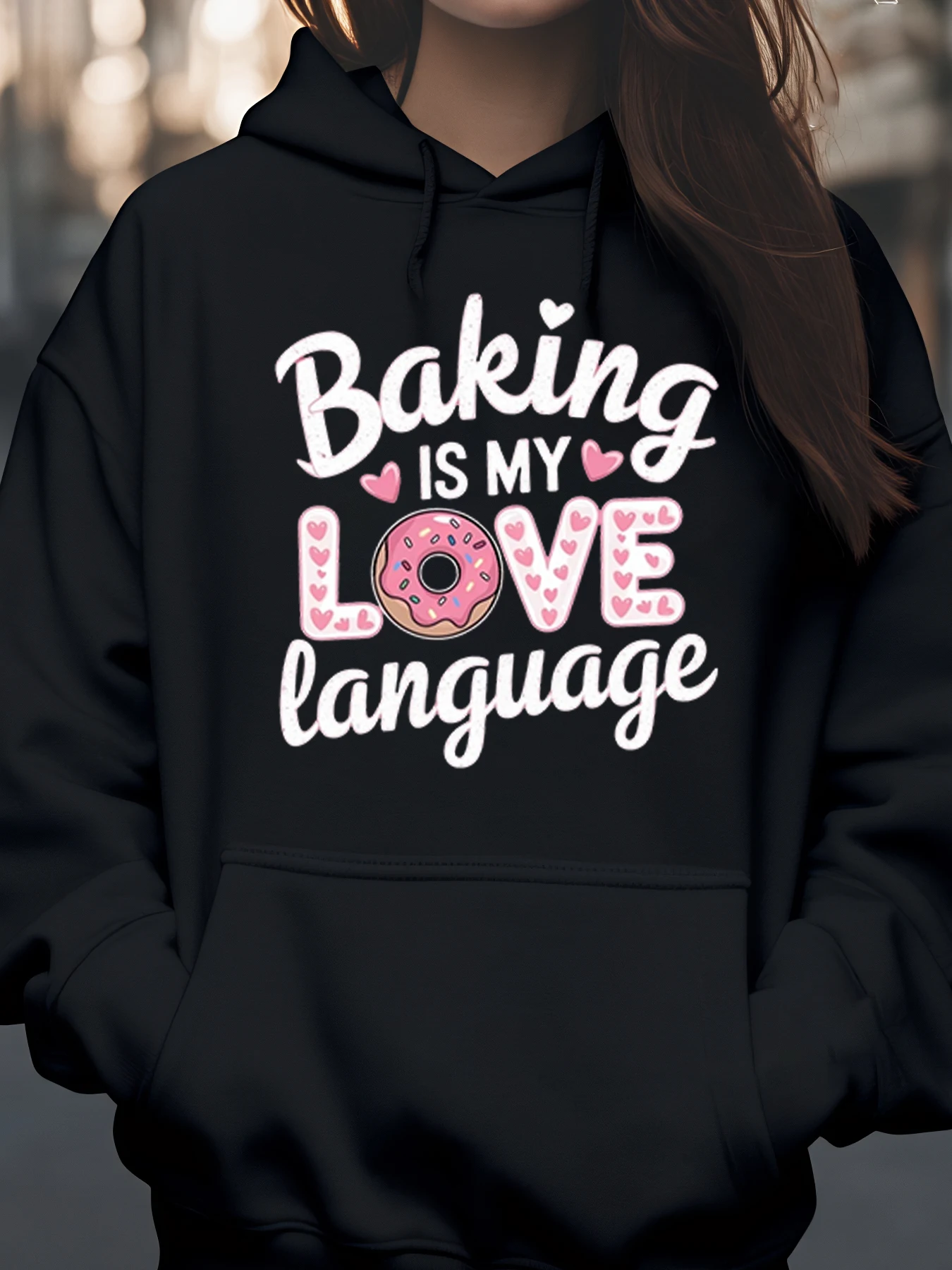 Baking Is My Love Language Donut Print Hoodie Valentine's Day Casual Wear for Women and Girls