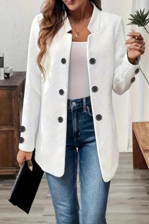 Solid Color Double-Breasted Women's Blazer with Diagonal Texture Stand Collar Long Sleeve Suits Casual Office Commute Outerwear