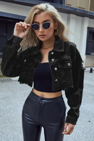 Black Distressed Cropped Denim Jacket for Women, Street Style Short Jean Jacket with Frayed Hem