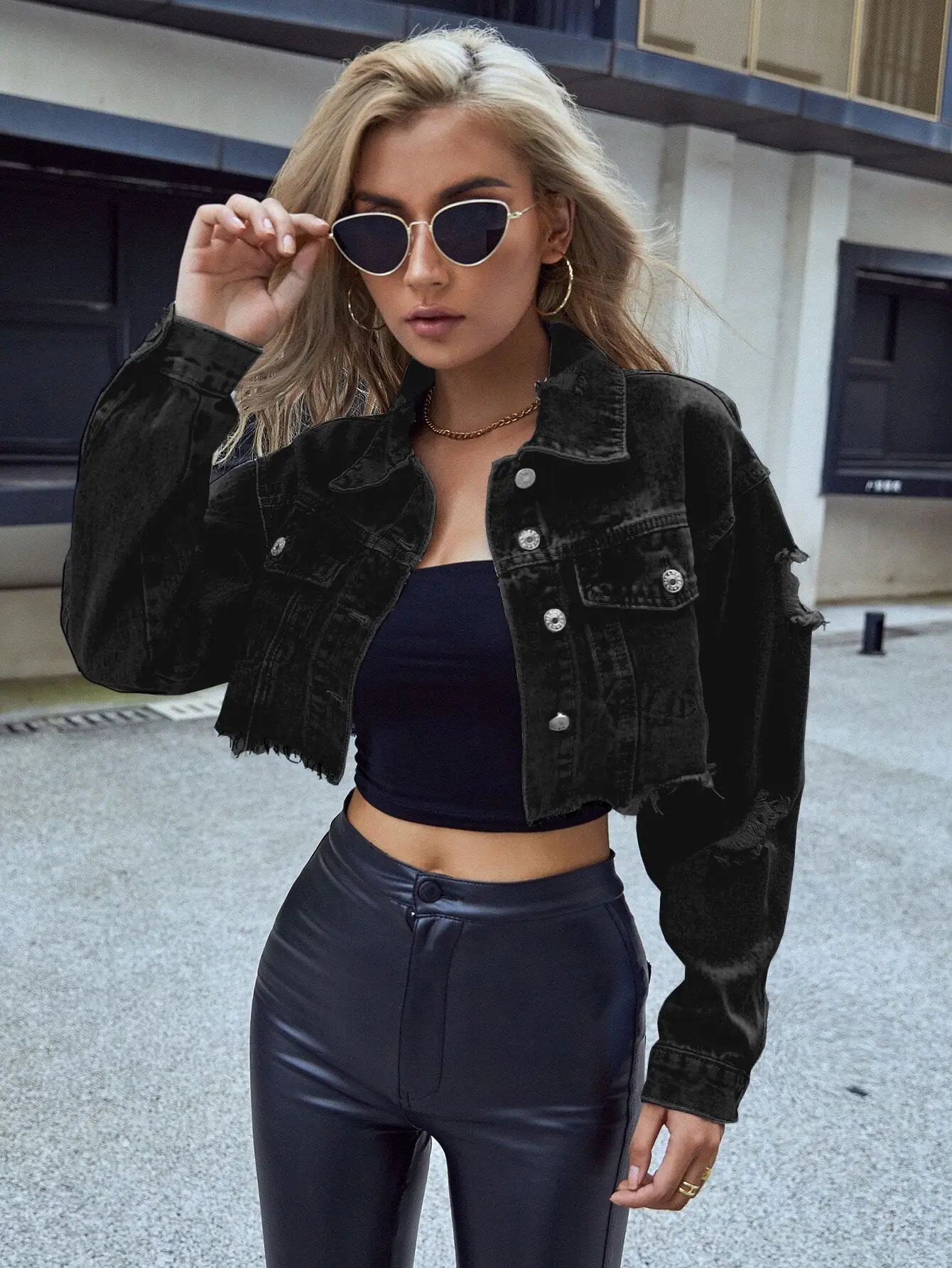 Black Distressed Cropped Denim Jacket for Women, Street Style Short Jean Jacket with Frayed Hem