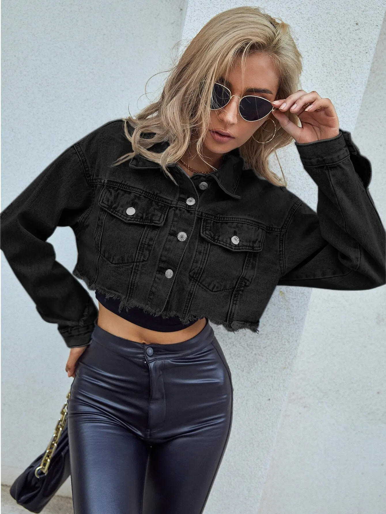 Black Distressed Cropped Denim Jacket for Women, Street Style Short Jean Jacket with Frayed Hem - Image 4