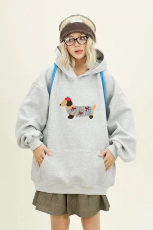 Women Sweatshirt Streetwear Couples Tops Casual Loose Hoodie Autumn Winter Cartoon Dog Embroidery Hooded Pullover