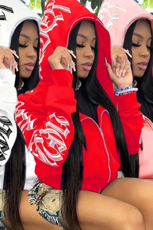 Letter Print Long Sleeve Zip Up Hoodies, Cyber Y2K Gothic Punk Sweatshirt, Women's Clothing