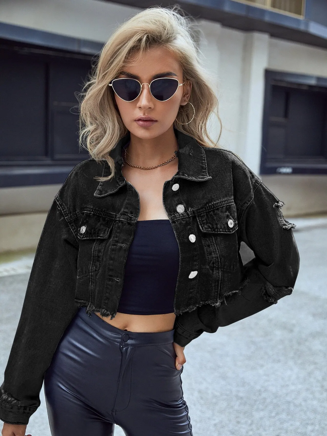 Black Distressed Cropped Denim Jacket for Women, Street Style Short Jean Jacket with Frayed Hem - Image 3