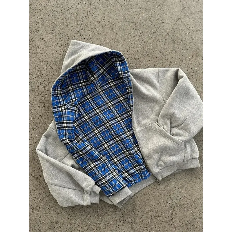 2026 Fashion Simple Gray Double-Sided Oversized Zipper Hoodie Women's Y2K New Harajuku Gothic Casual Couple Street Wear - Image 2