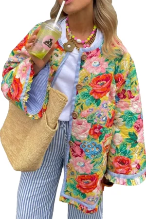 Women s Cropped Puffer Jacket Coat Long Sleeve Stand Collar Floral Jacket Lightweight Vintage Padded Jacket Outerwear