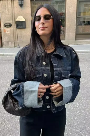 HH Women Vintage Denim Jacket Single Breasted Lapel Long Sleeve Coat With Pockets Dark Blue Denim Jacket Fashion High Street Top