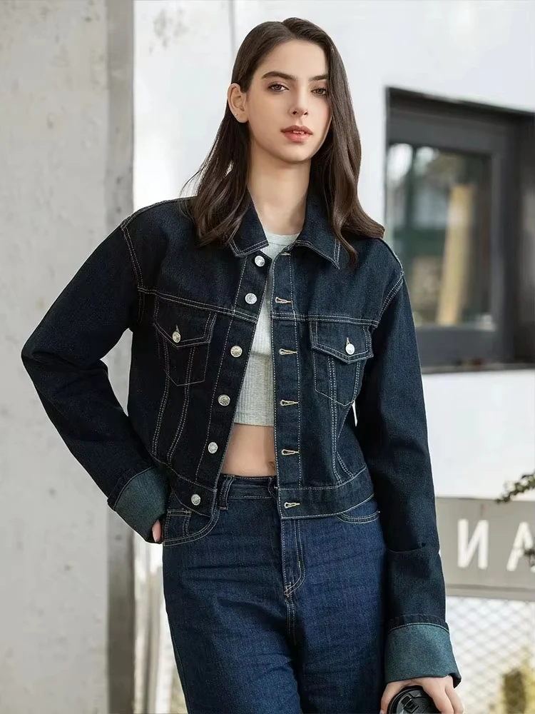 HH Women Vintage Denim Jacket Single Breasted Lapel Long Sleeve Coat With Pockets Dark Blue Denim Jacket Fashion High Street Top - Image 3