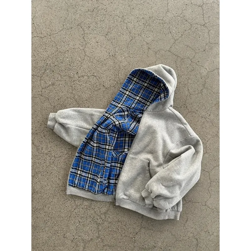 2026 Fashion Simple Gray Double-Sided Oversized Zipper Hoodie Women's Y2K New Harajuku Gothic Casual Couple Street Wear